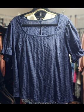 ZARA Classic Navy Square-Neck Textured Blouse with Ruffled Sleeves